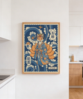Text-accent poster print with kitsune character, label-style panels, and decorative border
