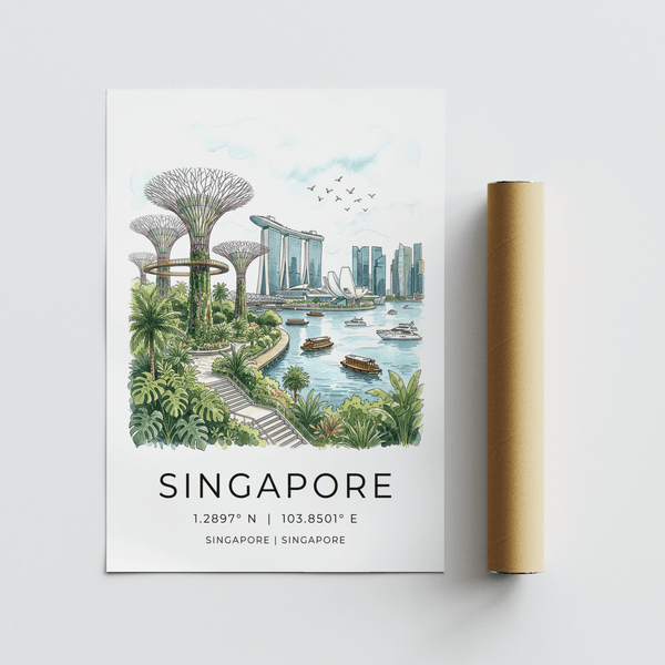 Landmark-focused Singapore City Landscape Art print showing Supertree Grove, skyline towers, and bay traffic