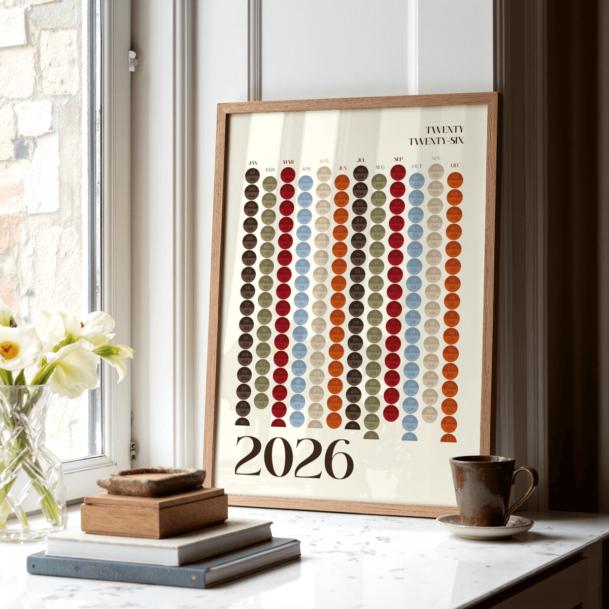 Big Calendar for Wall, orange and brown design, modern kitchen art print