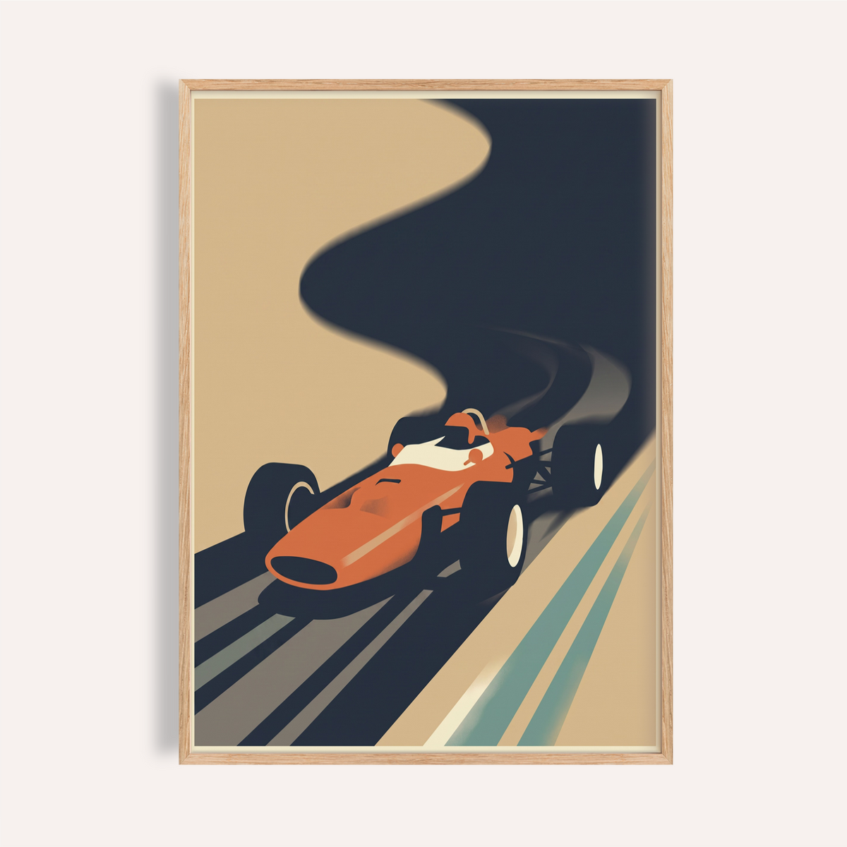 Angled racing car poster with sweeping track curve wall art