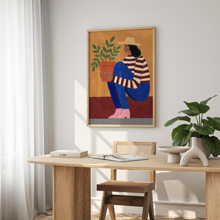 Multicolored botanical illustration print with overlapping leaf motifs