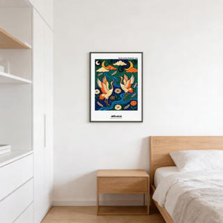 Close-up style bird wall art poster featuring cranes, floating feathers, and layered river curves