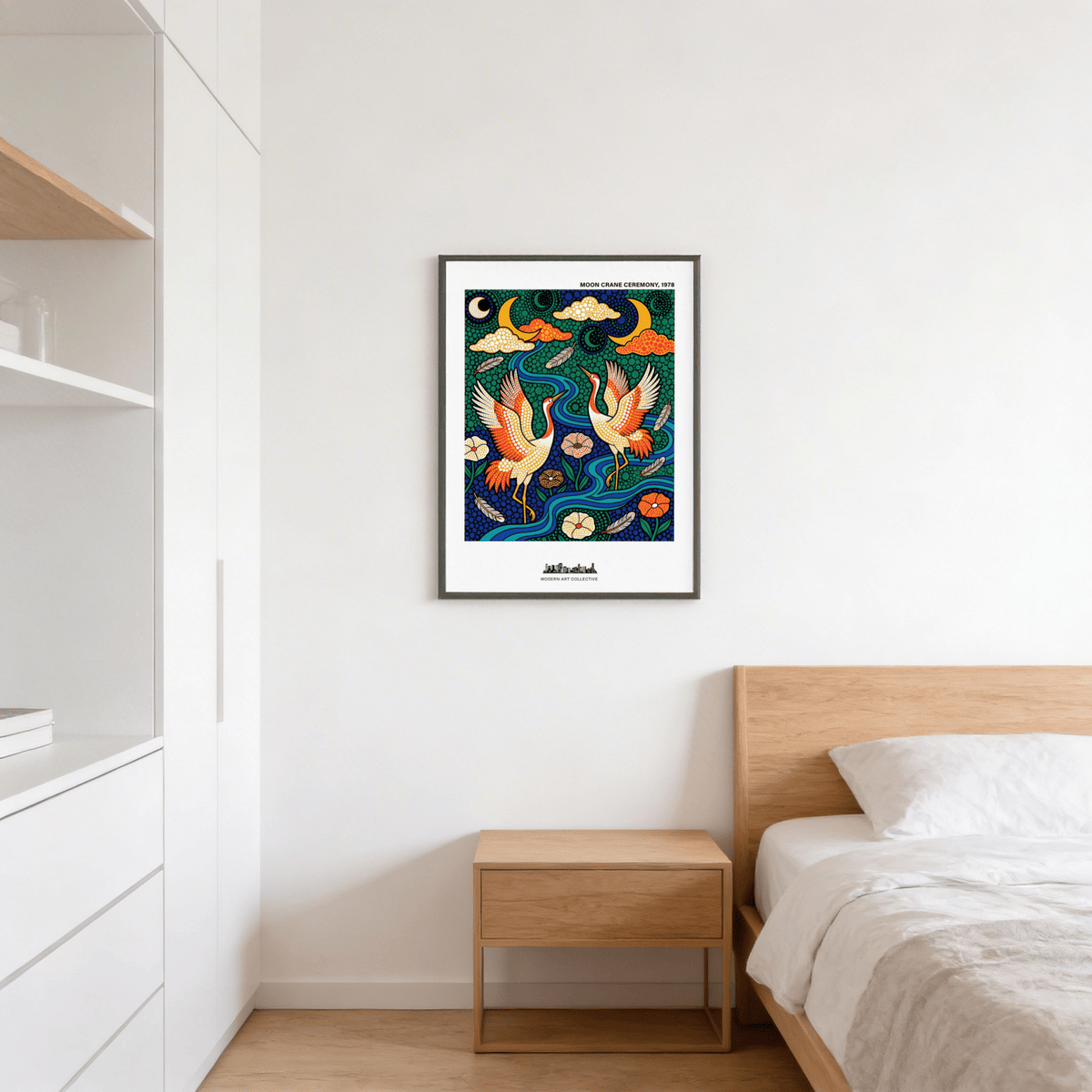 Close-up style bird wall art poster featuring cranes, floating feathers, and layered river curves