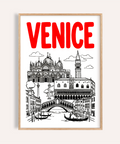 Bold VENICE typography above canal landmark poster with basilica and tower
