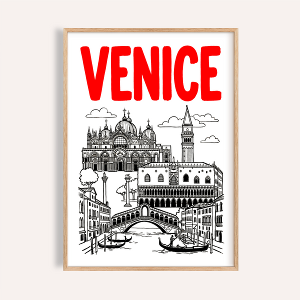 Bold VENICE typography above canal landmark poster with basilica and tower