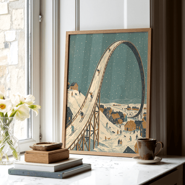 Winter Skiing Art Print showing white snow, hallway poster with village scene