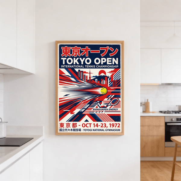 Illustrating tennis wall art poster with city buildings, central motion lines, and large headline text