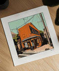 Square-format orange city scene inspired by traditional Japan