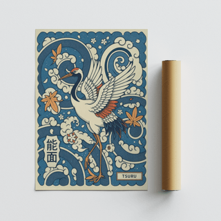 Displaying a Japanese crane wall art poster with kanji-style text block and floral accents