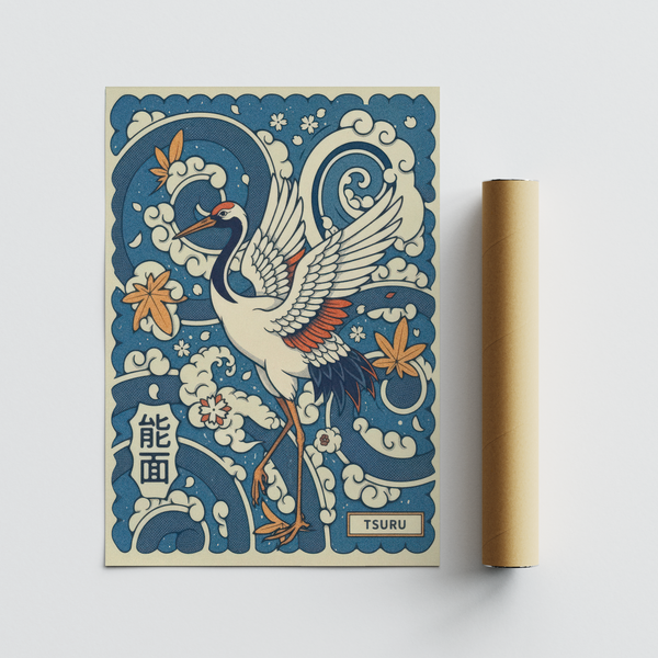 Displaying a Japanese crane wall art poster with kanji-style text block and floral accents