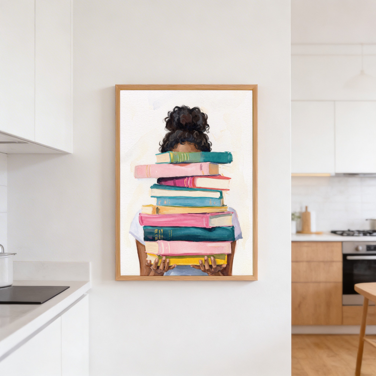 Soft watercolor wall art print featuring a tall pile of books centered with visible page edges and spines