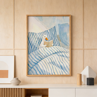 Centered Duck Reading Art Print wall art with a white duck holding an open book in a watercolor illustration