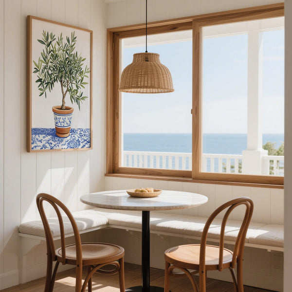 Olive Tree Art wall print showing a leafy tree in a blue-and-white accented clay pot.