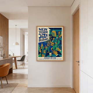 Split layout poster showing large festival lettering and layered color blocks