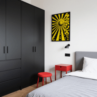 Large Geometric Sun Poster art print in black and yellow for lounge decor