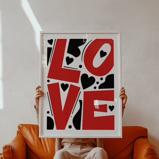 Modern Typography Love Poster with stacked LOVE lettering and hearts