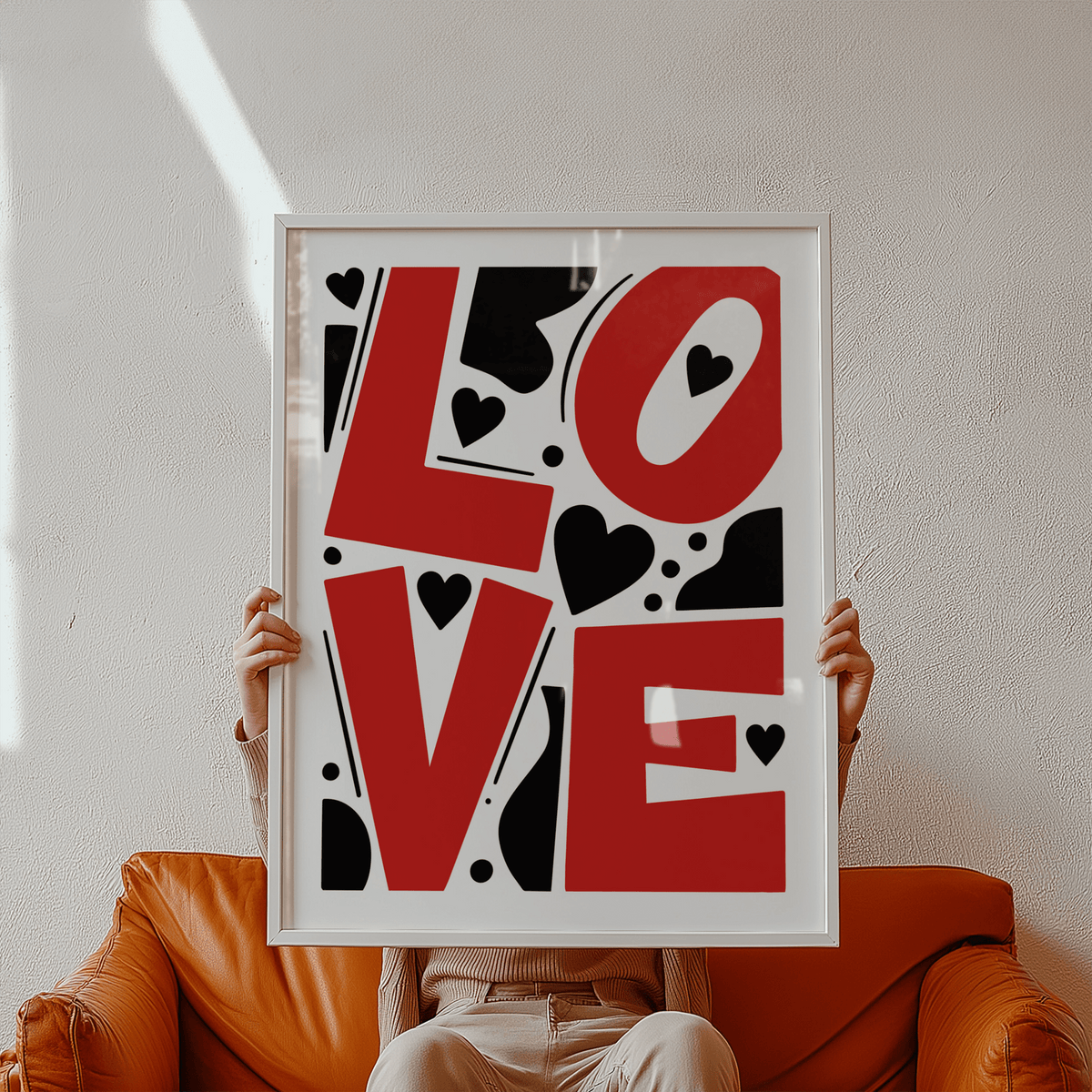 Modern Typography Love Poster with stacked LOVE lettering and hearts