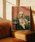 Elegant Poodle Wall Art, Beige dog on Green couch, wall art for office