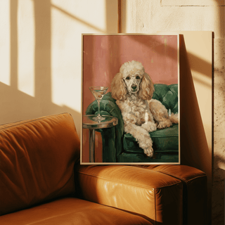 Elegant Poodle Wall Art, Beige dog on Green couch, wall art for office