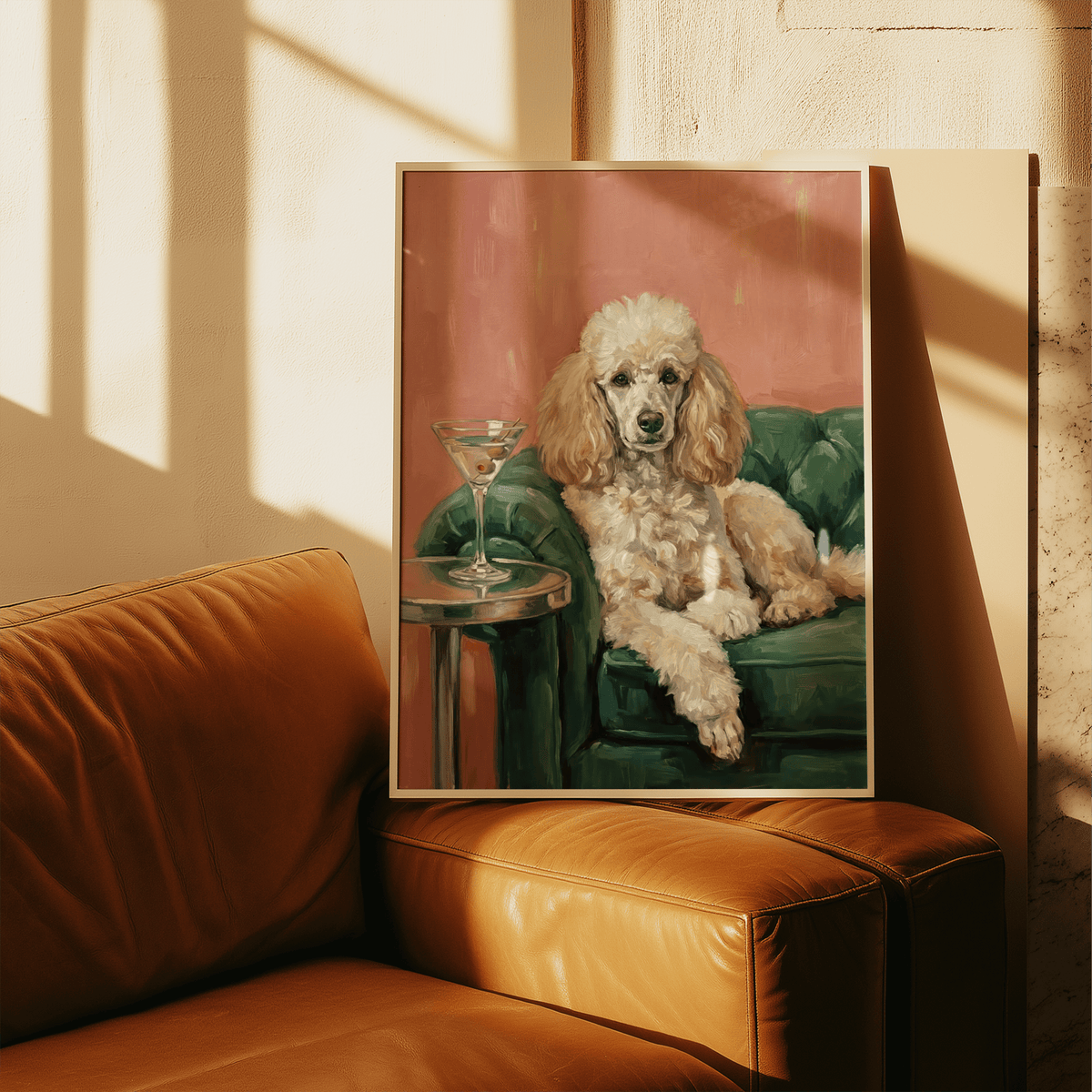 Elegant Poodle Wall Art, Beige dog on Green couch, wall art for office