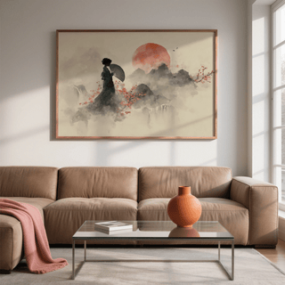Oriental Wall Art Poster, Black mountains with Red sun for dining room wall art