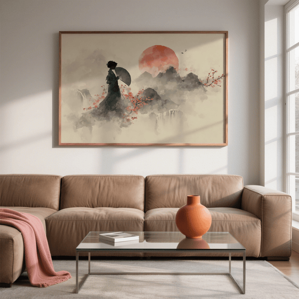 Oriental Wall Art Poster, Black mountains with Red sun for dining room wall art