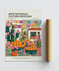 Lush market scene with orange carts in colorful Mexican kitchen wall art.