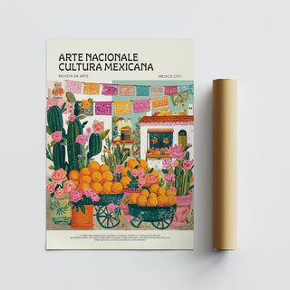 Lush market scene with orange carts in colorful Mexican kitchen wall art.