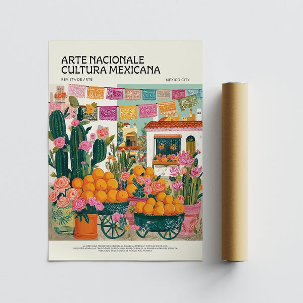 Lush market scene with orange carts in colorful Mexican kitchen wall art.