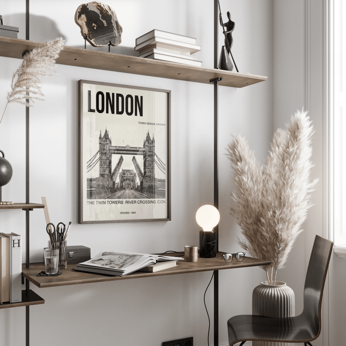 Vintage-style Tower Bridge Art Print with twin towers, raised drawbridge, and caption text