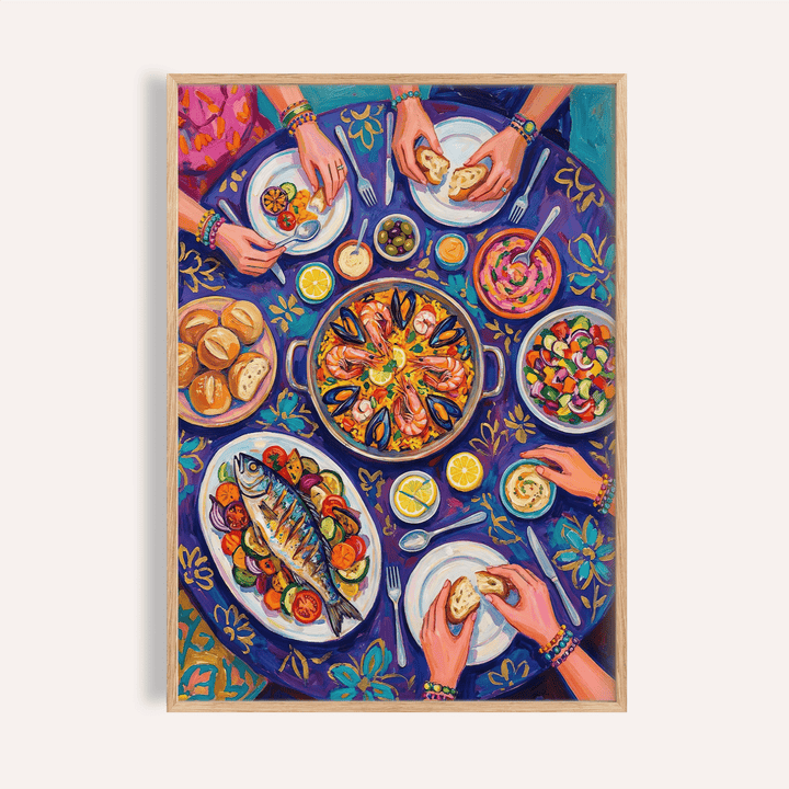 Food Art Print with multicolored, purple, yellow, and blue for kitchen wall art