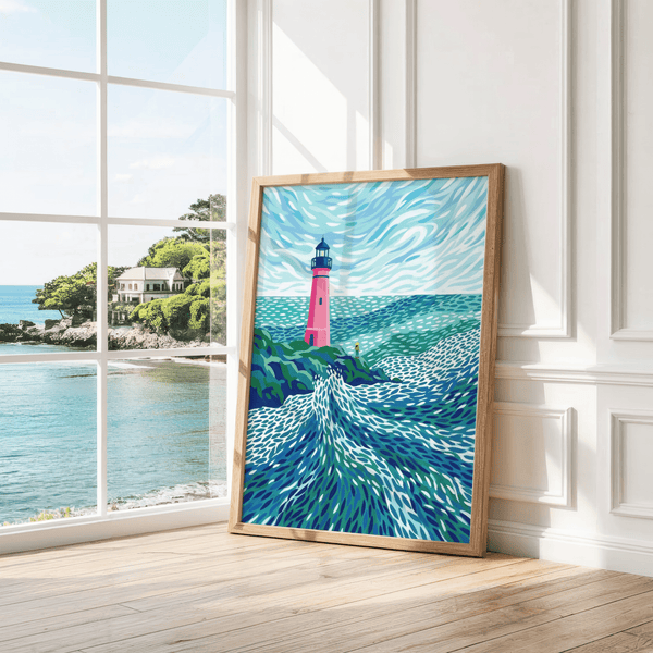 Modern Lighthouse Art wall decor with Blue and Pink, designed for modern dining room