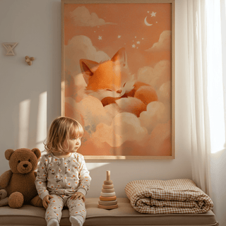 Sleeping Fox Art Print for playroom, features Orange and Beige, wall art