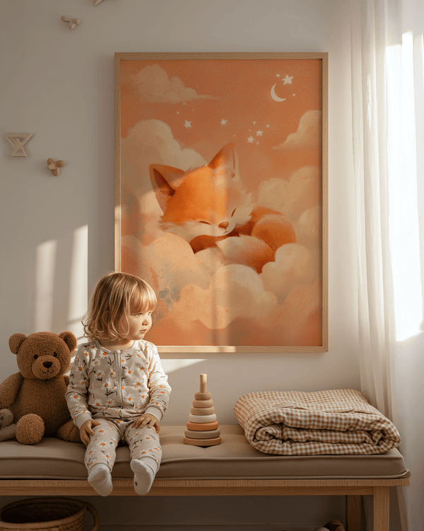 Sleeping Fox Art Print for playroom, features Orange and Beige, wall art