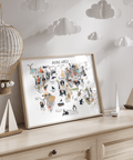 Kids’ room World Map for Kids wall art featuring animal illustrations