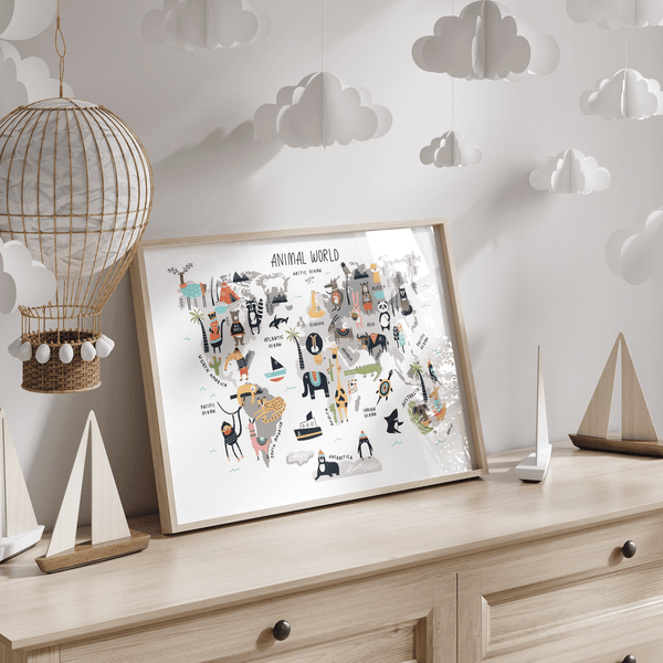 Kids’ room World Map for Kids wall art featuring animal illustrations
