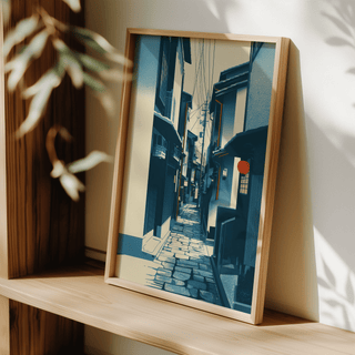 Gallery wall mockup featuring a Japanese street alley print with strong central vanishing point