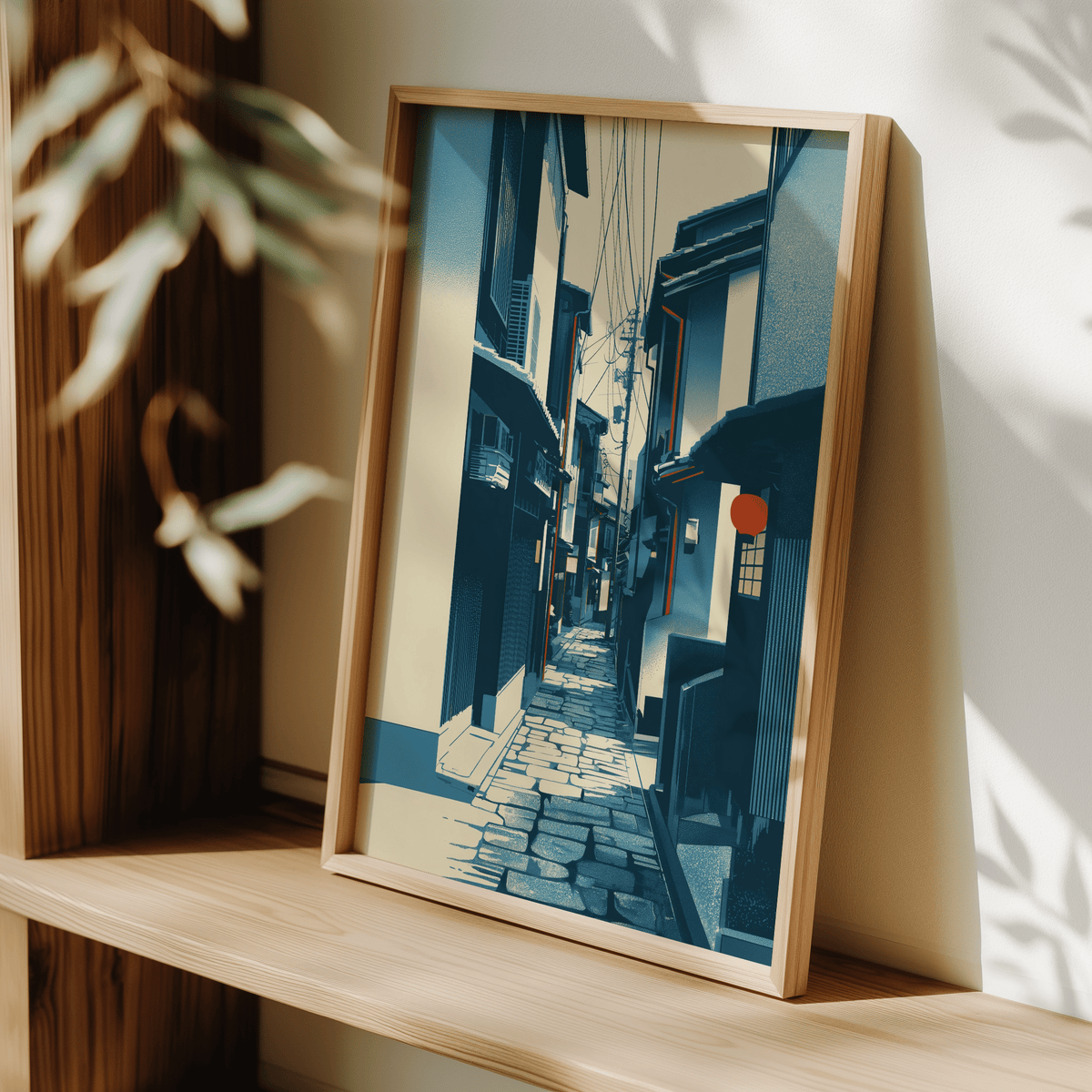 Gallery wall mockup featuring a Japanese street alley print with strong central vanishing point