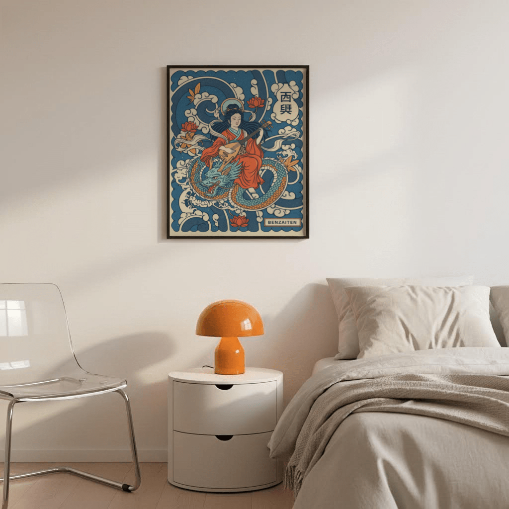 Vintage style illustration of Benzaiten above a dragon in Blue, Red, Beige hues