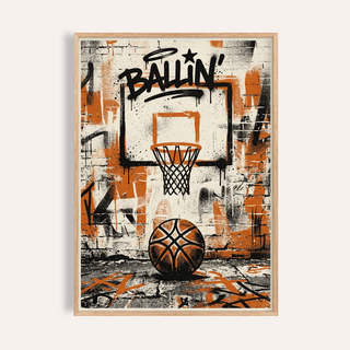 Urban Basketball Print with graffiti BALLIN lettering, hoop backboard, and basketball on pavement