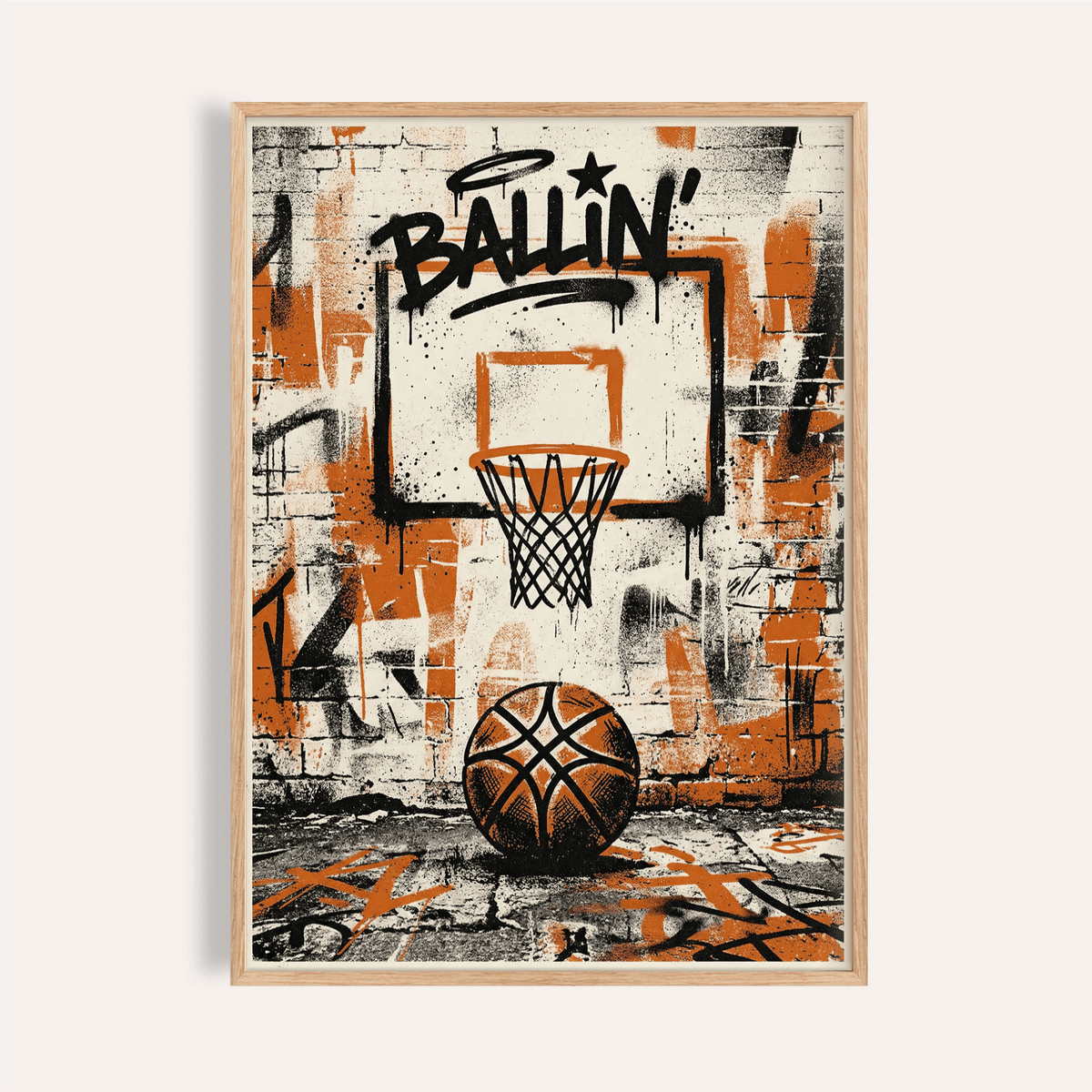 Urban Basketball Print with graffiti BALLIN lettering, hoop backboard, and basketball on pavement