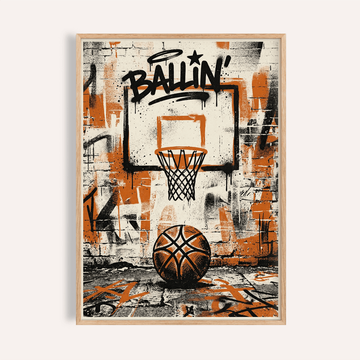 Urban Basketball Print with graffiti BALLIN lettering, hoop backboard, and basketball on pavement