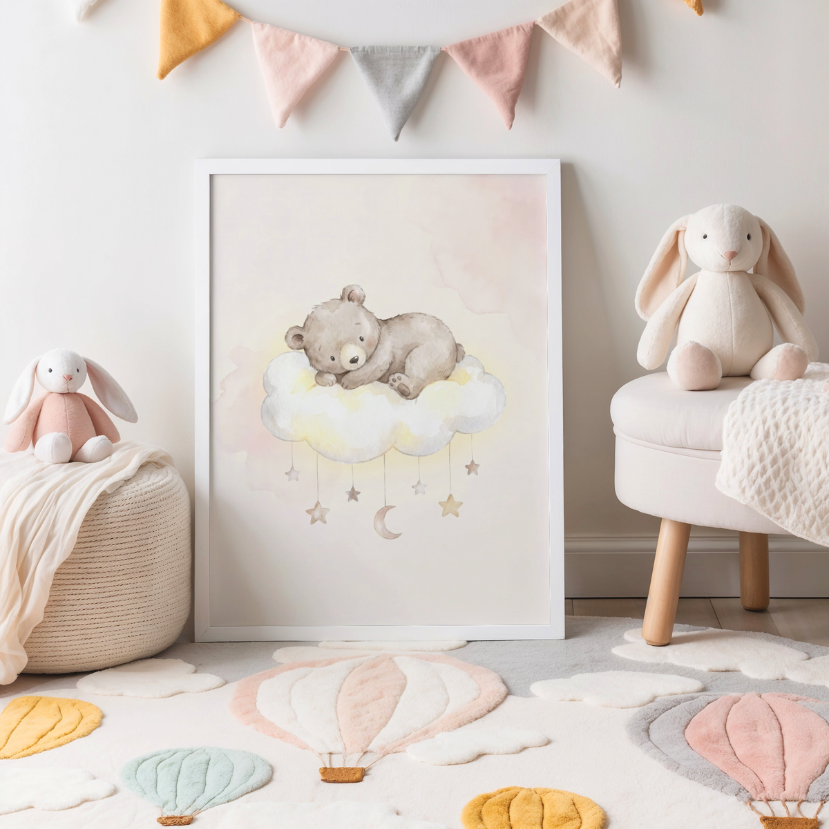 Soft Gray and Beige bear cloud wall art print with stars and crescent moon