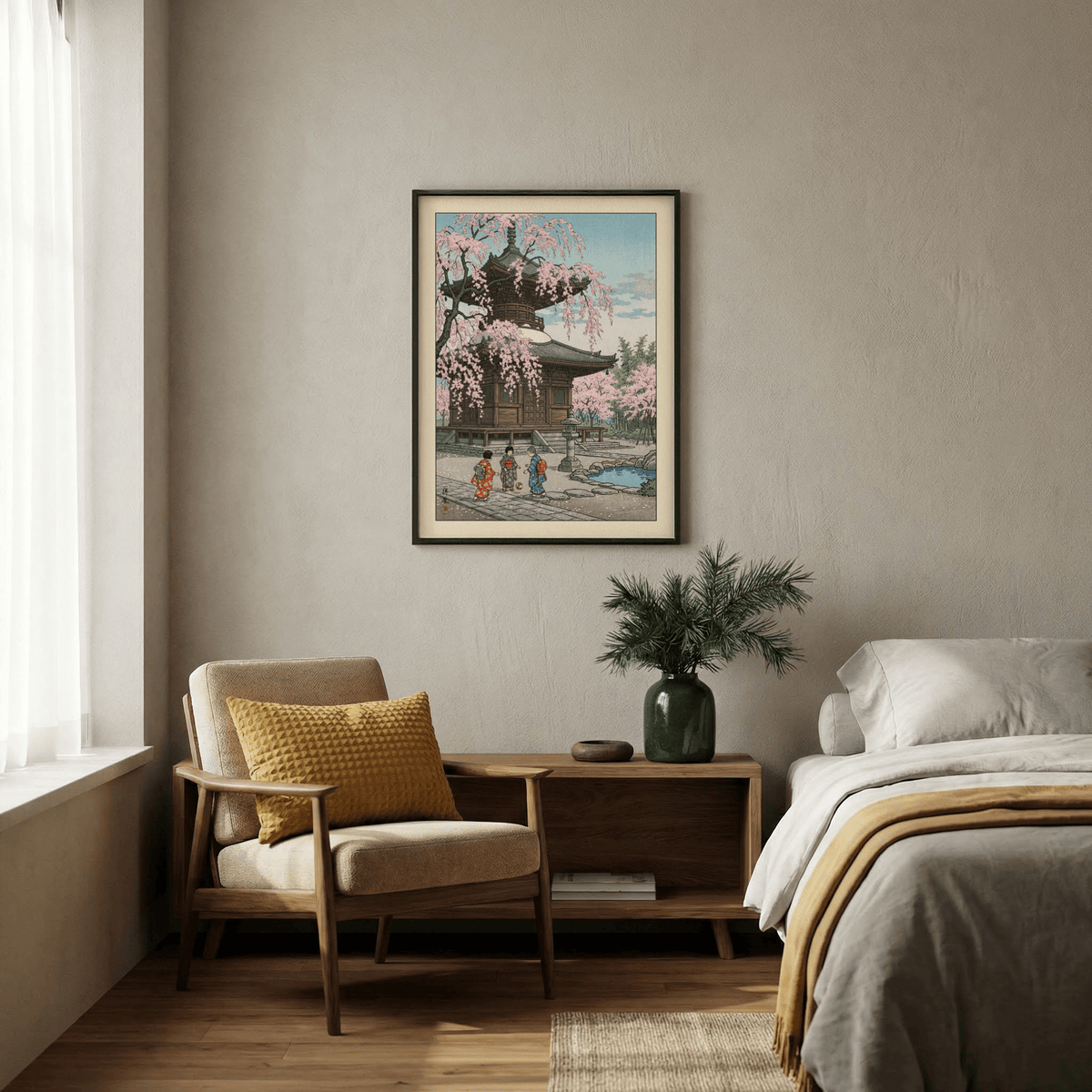 Full composition of Japanese Cherry Blossom Art Print showing pagoda, blossoms, and figures in the courtyard