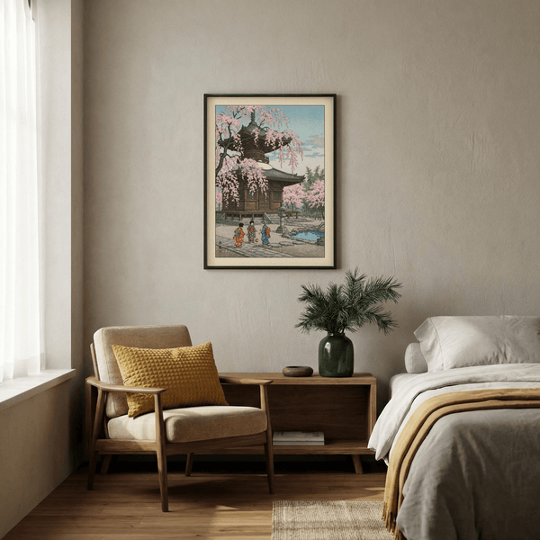 Full composition of Japanese Cherry Blossom Art Print showing pagoda, blossoms, and figures in the courtyard