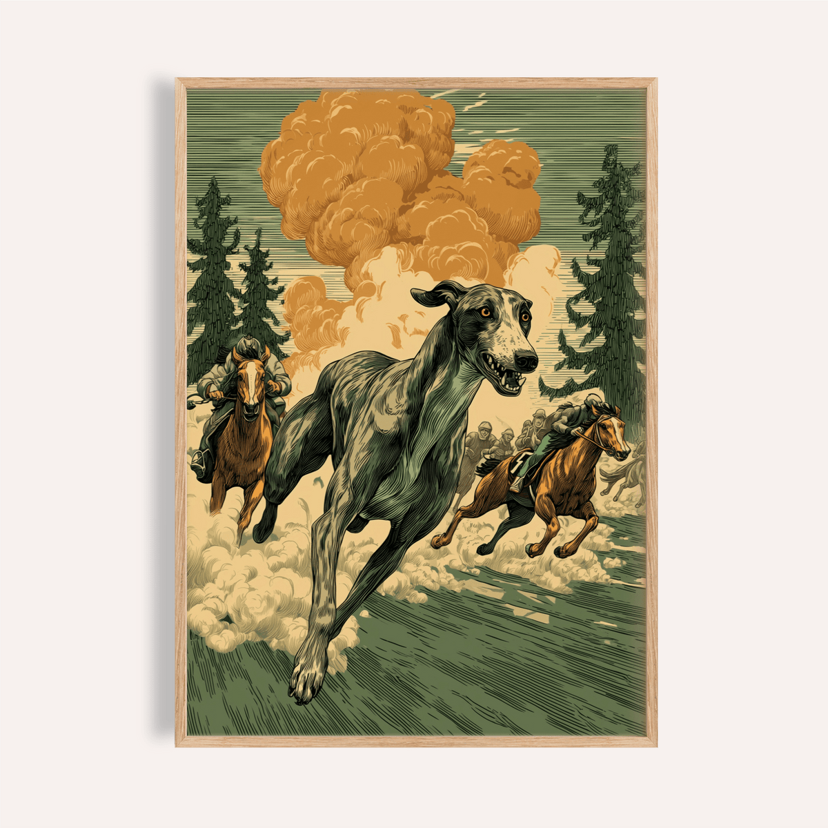 Greyhound Racing Wall Art in green and orange for living room print
