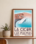 Retro Las Palmas Wall Art poster depicting La Cicer beach wave barrel with surfer and seaside buildings