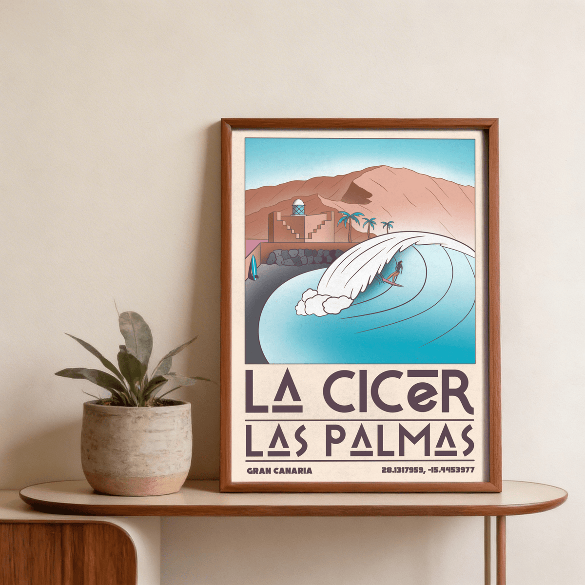 Retro Las Palmas Wall Art poster depicting La Cicer beach wave barrel with surfer and seaside buildings