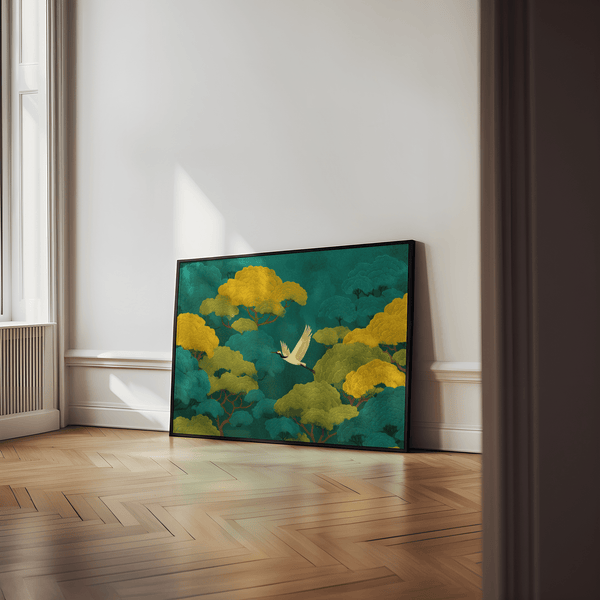 Colorful Japanese Nature Art wall art in Green and Yellow, ideal for office decor