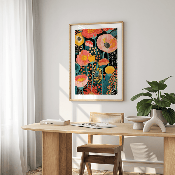 Tropical Floral Print wall art bringing tropical vibes to the dining room
